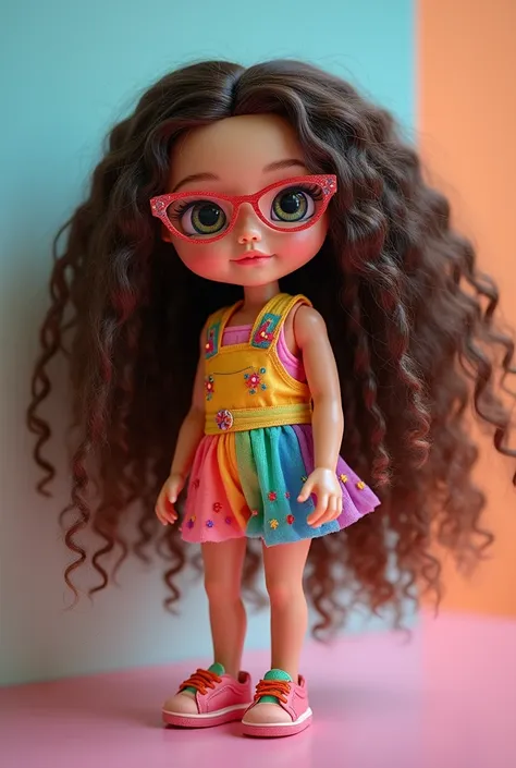  Long dark brown curly hair doll, eyeglasses rainbow outfit , Branquinha 