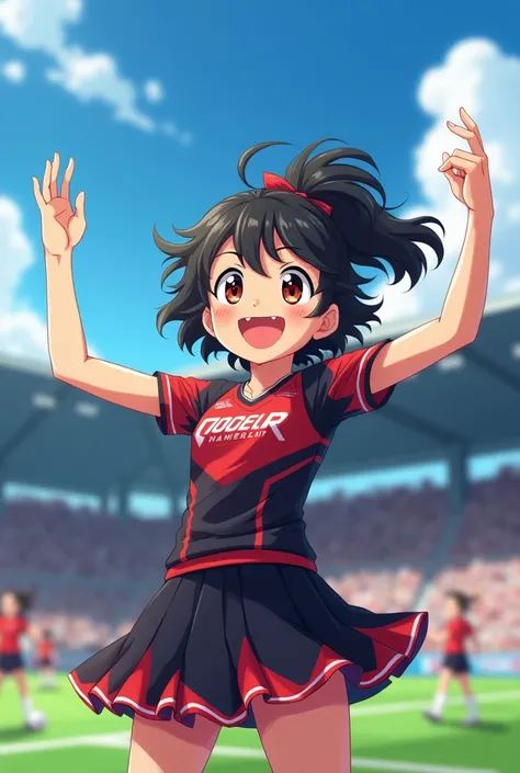 Boy with curly black hair and a ponytail who wears the cheerleaders uniform with a black and red skirt and shirt while at a soccer game cheering for the anime-type team 