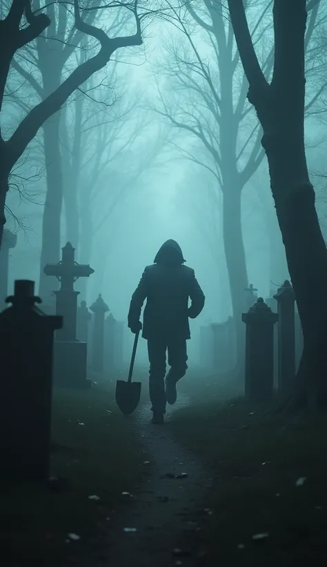  The gravedigger running terrified through the cemetery , leaving his shovel behind .  He looks over his shoulder as he crosses a path surrounded by graves and twisted trees.  The dense fog and elongated shadows create an atmosphere of panic and mystery .