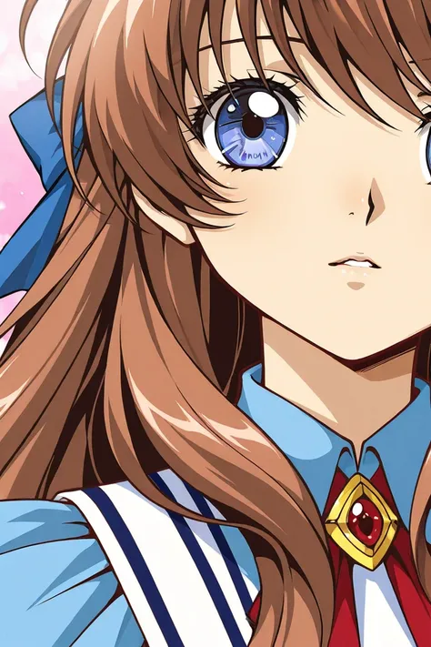 A girl that is an student. She has long wavy Brown hair with shiny blue eyes with blue dress uniform. She is chill, joking around. Kind. Close up. Clamp Tsubasa chronicles art style. 