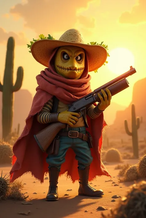 A taco disguised as a bandit and with a gun chili 