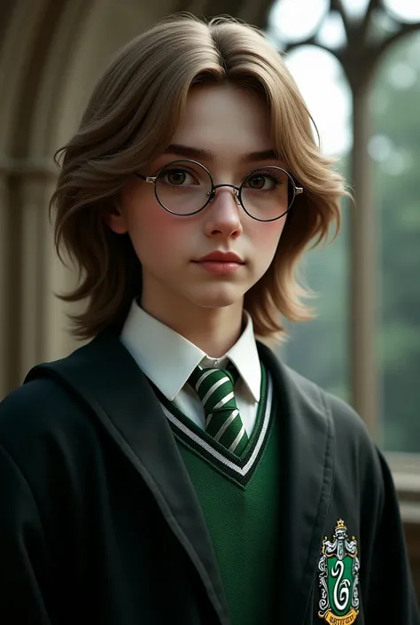 Create a 15-year-old male teenager , Medium-brown-eyed , light brown long hair,  white skin ,  wearing glasses and wearing the clothes of Slytherin from Harry Potter, na Hogwarts
