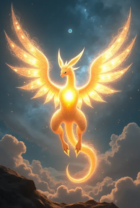 Auroracoremon’s form is semi-transparent, with swirling, radiant energy visible within. Its massive, six-winged form stretches endlessly, with each wing resembling a galaxy in motion. Its body glows with a mix of soft gold and brilliant white light, and it...