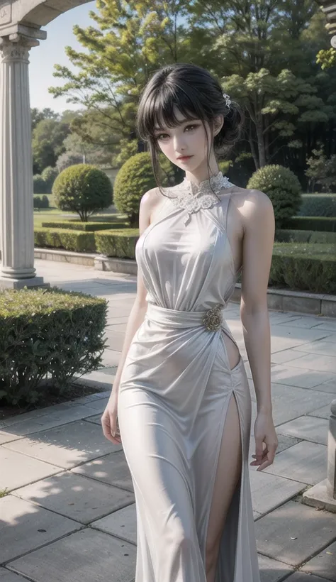 "Anime character design featuring an elegant and sophisticated character in a flowing dress or traditional attire, standing in a serene and graceful pose. The character exudes charm and poise, with a soft yet confident expression. The background is a refin...