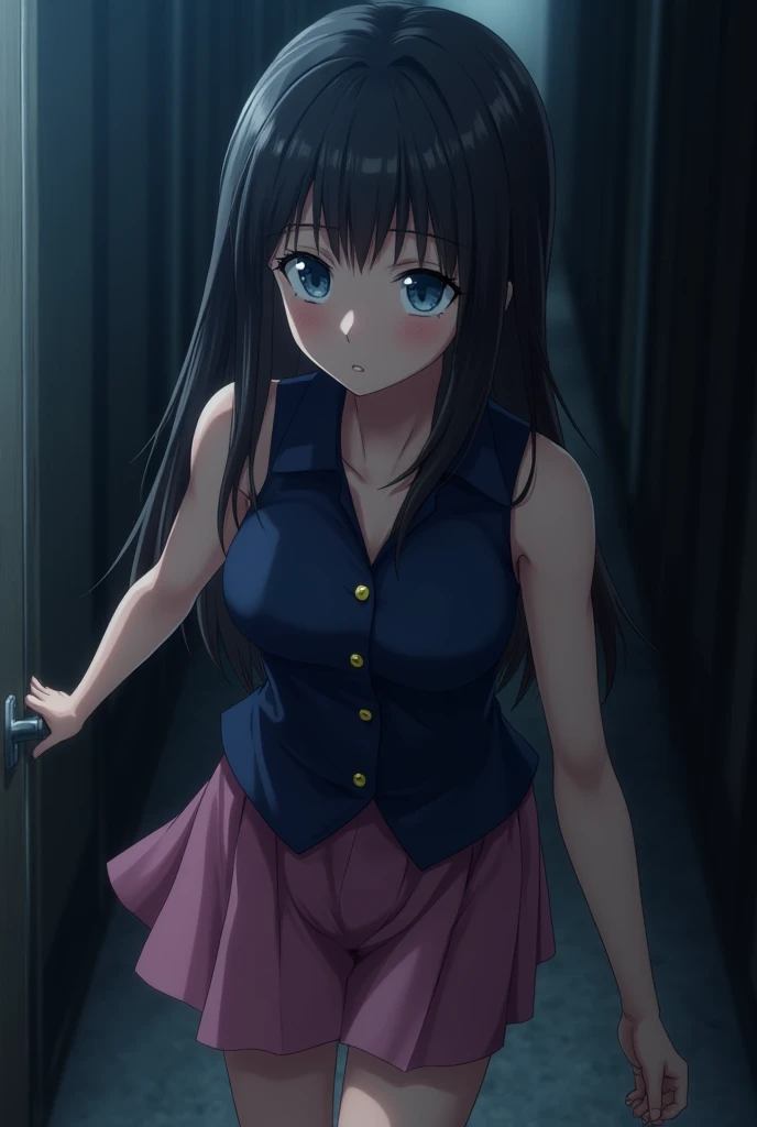 anime girl, dark blue sleeveless blouse, pink skirt, long dark hair, blue eyes, sleeveless blouse, buttons, collars, corridors, walking, sneaking, curious eyes, straight hair, looking around, from left side, dark blue sleeveless blouse, sneaking, leaning f...