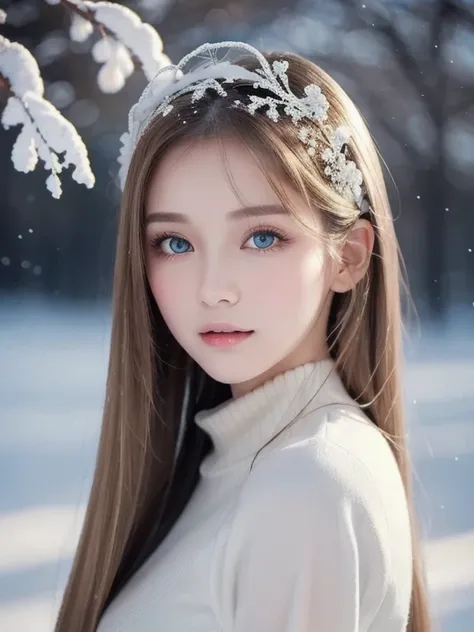 [a white lighting translucent phantom made of snow], dark muted tones, The white, A world covered in snow, branches covered with snow, cold winter touch, Unparalleled beauty, Lustrous firm and shiny skin, Bangs between the eyes, Glossy straight beautiful p...