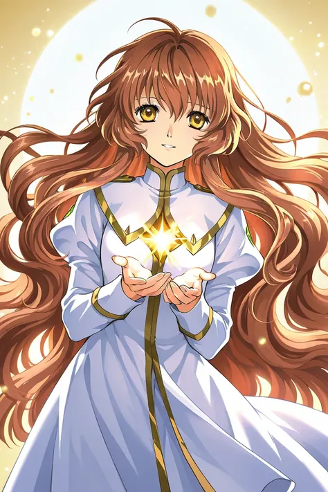 A girl that is an student. She has long wavy Brown hair with shiny golden eyes with white to Pieces uniform. She is brave and smiling. Kind. Clamp Tsubasa chronicles art style. 