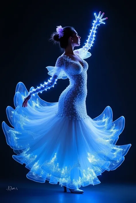 **A biomorphic fusion of light trails of a beautiful and gorgeous flamenco dancer, where organic shapes and fluid light trails intertwine. It employs a palette of ethereal blues and lavenders to suggest a living, pulsating energy emanating from the subject...