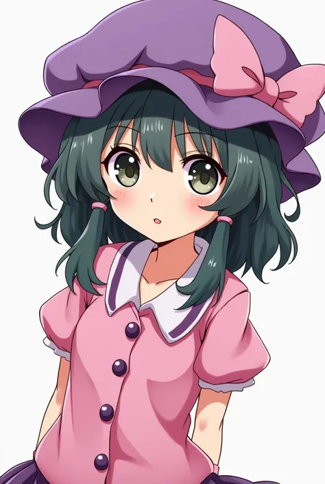 cartoon girl with a purple hat and a pink shirt, a character portrait inspired by Junpei Satoh, tumblr, mingei, anime character, touhou character, anime style character, akiyuki shinbou, as an anime character, gyro zeppeli, character with a hat, anime char...