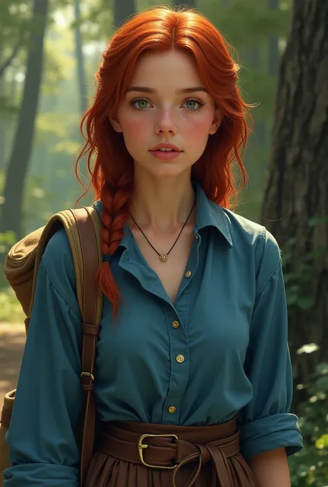 A  of  who lives near the forest,  wearing blue shirt . Carrying a bag .  Shoulder-length red hair color .  Plain face and a bit of a tomboy . His clothes are typical of ancient times.