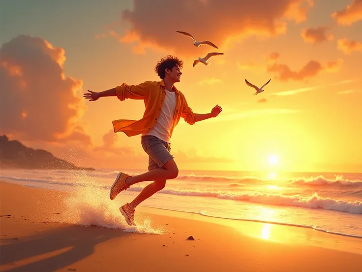 A young man dancing on the beach and betting on the sun