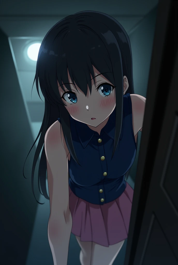 anime girl, dark blue sleeveless blouse, pink skirt, long dark hair, blue eyes, sleeveless blouse, buttons, collars, corridors, walking, sneaking, curious eyes, straight hair, looking around, from left side, dark blue sleeveless blouse, sneaking, leaning f...