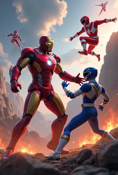 Iron Man fighting with Power Rangers