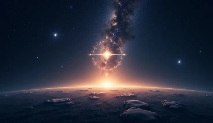 "A galaxy filled with open space, stretching out toward the horizon, with Sagittarius symbol in the center. A bright star leads the way, representing the promise of growth and adventure. The mood is open, expansive, and full of limitless potential. --ar 16...