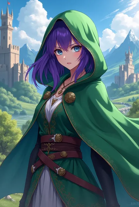 Make a purple-haired anime-style medieval female character with a green cape and hoodie