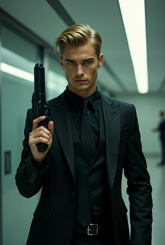 24 year old handsome man.  blond hair ,  green eyes, with a suit,  holding a gun in his hand . in an office.