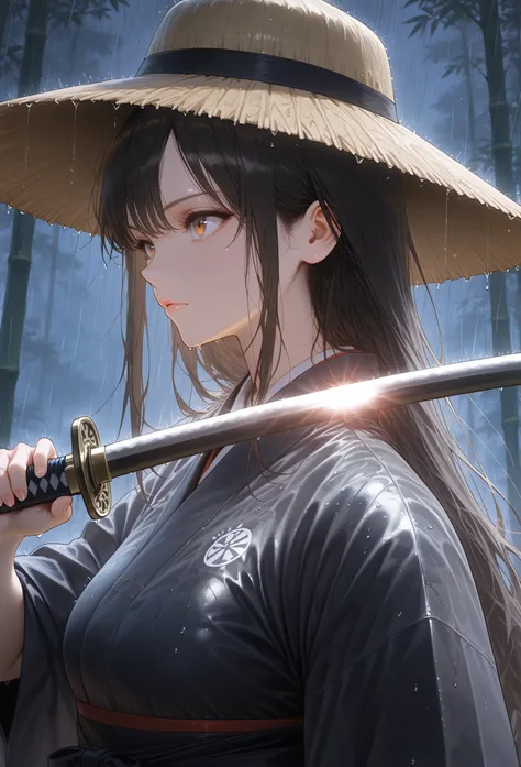 (vagabond artstyle), portrait, 1girl, solo, long hair, Japanese clothing, black clothing, samurai, samurai straw hat, wearing hakama, (holding weapon, katana), plain tree, sheath, shadow, dramatic illumination, cinematic illumination bamboo forest backgrou...