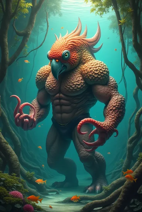 "In the same surreal, tropical lagoon, a hybrid creature with exaggerated, bulging muscles stands and swims majestically among the mangrove roots. This being combines the vibrant, powerful build of a parrot with the flexible, agile form of an octopus. It h...