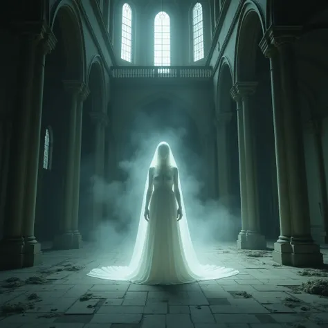  A ghostly figure in a long white dress stands in an abandoned, dimly lit cathedral-like interior with arched windows, ornate columns and a balcony above Flux Style