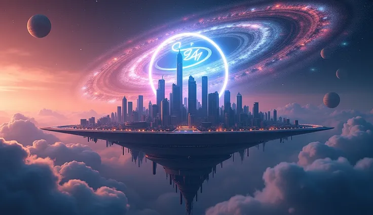 "A futuristic city floating among the stars, with Aquarius’ symbol illuminating the skyline. The backdrop is a swirling galaxy, symbolizing progress and freedom. The image should evoke a sense of boundless creativity and futuristic thinking, with a feeling...