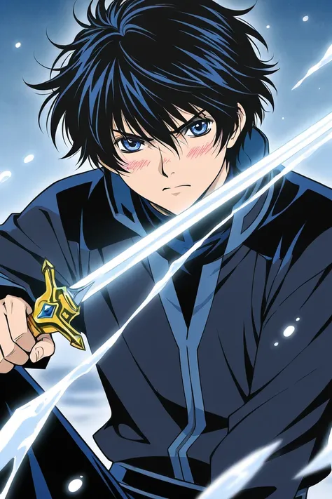 A boy that is an student. Tall with Black hair, light cold blue eyes, bad tempered but blushing, wearing black clothes. The boy is serious, suspect. CLAMP Tsubasa Chronicles drawing style. 