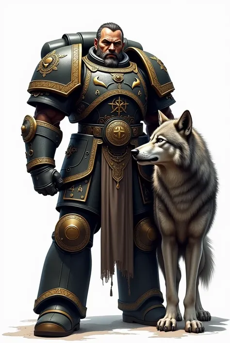  An image of Leman Russ from Warhammer 40,000 in an epic pose with a wolf on a white background designed for a shadow tattoo
