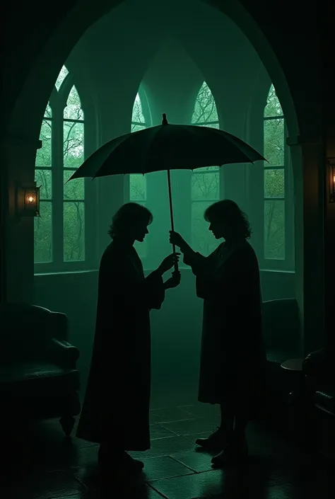  An image of the dark Slytherins house that Contain the following written words:

" On the dark and elegant walls of the common room of Slytherin ,  Tom Riddle settled under his enchanted umbrella ,  that opened and closed with a gentle movement of his wan...