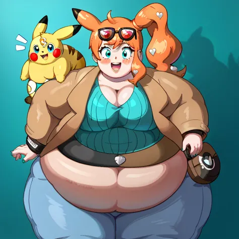 score_9, score_7_up BREAK solo,EPpkSonia,orange hair, side ponytail, aqua eyes, long hair, eyewear on head, sunglasses, heart hair ornament,ribbed shirt, aqua shirt, brown coat, strap between breasts, cleavage, bracelet, collarbone, blue pants, shoulder ba...