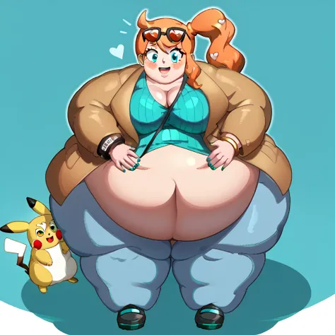 score_9, score_7_up BREAK solo,EPpkSonia,orange hair, side ponytail, aqua eyes, long hair, eyewear on head, sunglasses, heart hair ornament,ribbed shirt, aqua shirt, brown coat, strap between breasts, cleavage, bracelet, collarbone, blue pants, shoulder ba...