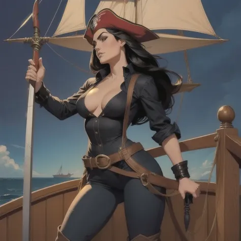 (sfw) Inspired by the art of John Buscema ,A pirate woman ,  long black hair , red stripe,  black eyes, thin body,  medium breasts,  arrogant , wearing a button-down shirt,long sleeve, belt with exaggerated buckle ,  tight dress pants  , Buccaneer Boots , ...