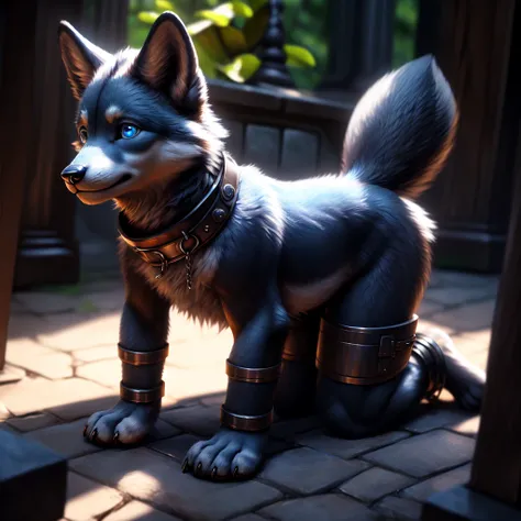 ( detailed es Gesicht,  detailed er Hintergrund,  detailed er Körper,  masterpiece,  best quality ,  detailed ), (realistic,photorealistic,photo-realistic:1.37) 
 Little cute light blue wolf puppy with a small penis and he wears a muzzle.
( on all fours , ...