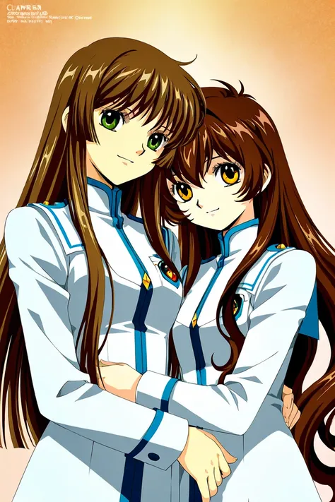 Two girl students. One has long wavy brown hair with shiny golden eyes, the other has blond straight hair and green eyes with awhite to pieces uniform. Theyre best friends. Smiling. Clamp Tsubasa chronicles art style. 