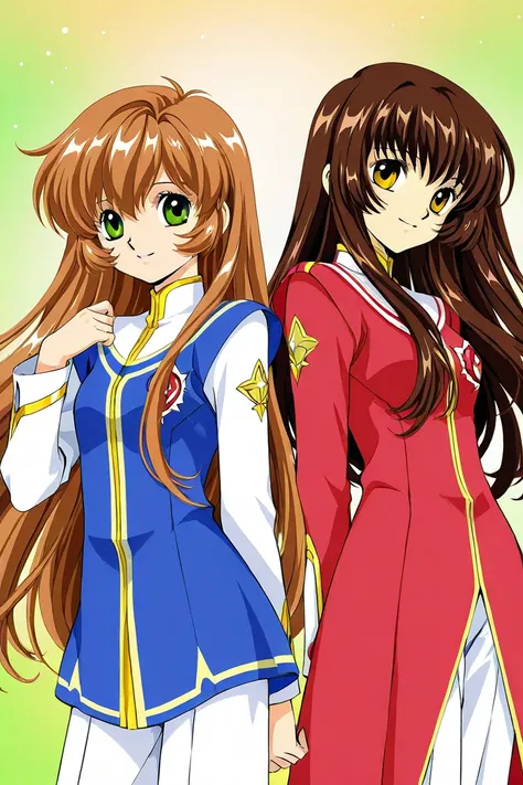 Two girl students. One has long wavy brown hair with shiny golden eyes, the other has blond straight hair and green eyes with awhite to pieces uniform. Theyre best friends. Smiling. Clamp Tsubasa chronicles art style. 