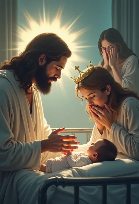  An emotional scene in a softly illuminated hospital room.  A man with a serene appearance ,  representing Jesus ,  woman with long hair, barba,  and a majestic crown of light around her head ,  is leaning over a baby in a hospital crib .  He gently touche...