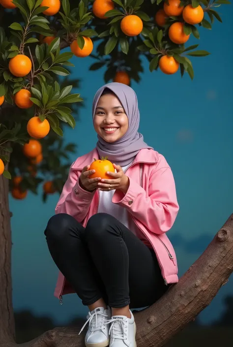  A beautiful woman in a hijab smiling at the camera ,  with a 20 year old Indonesian face ,  wearing a pink jacket black jeans white shoes , She is sitting on a tree branch with many orange-colored orange fruits around her,  her hands holding a peeled citr...