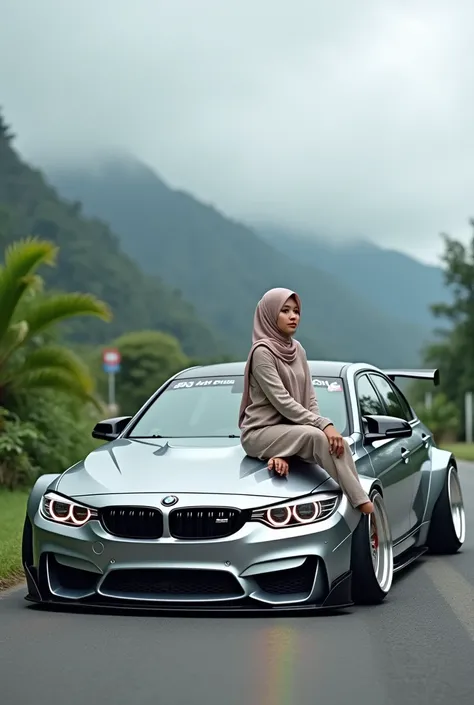 beauty indonesia woman hijab,wearing sweater and long trousser,wearing sendals sitting on engine hood of sport car BMW M3 silver metalic chrome,with rainbow color effect, full modificarion,wide body kitt,lowground ceper, rear big spoiler ,chrome wheel drif...