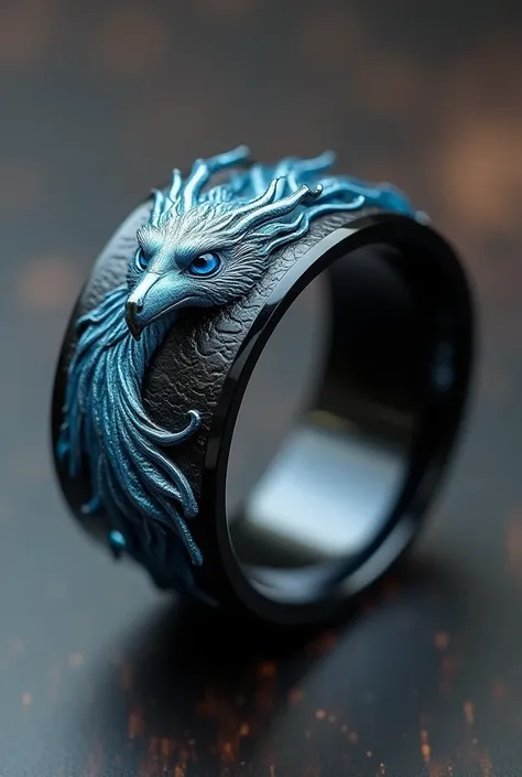 A black ring that have image of qinglong covered half of the middle layer of ring and the other middle layer was covered with ice phoenix so the head of qinglong and head of ice phoenix meet in the middle part of ring, also make it look like the picture wa...