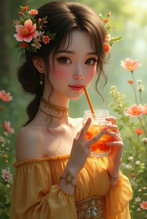 One with brown eyes and dressed all flowery and she sees a beautiful image drinking a drink from Hihon