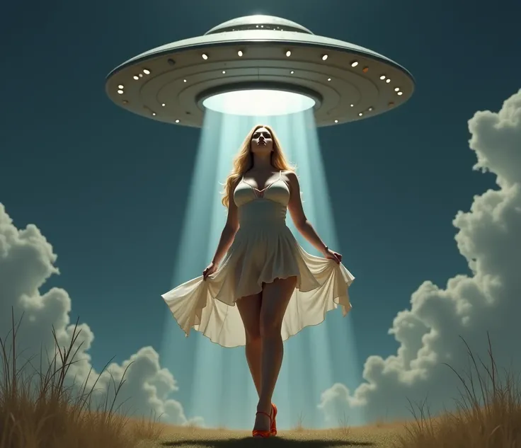  Realistic image of a beautiful blond woman ,  being abducted by a flying saucer , Short flowing transparent baby doll is lifted when pulled up showing part of the small white panties..  voluptuous body,  thick legs ,  WIDE HIPS, big butt,  medium breasts,...