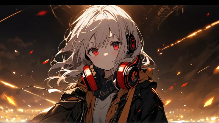 Girl red eyes red Drill Twin hair Headphones hanging around the neck Shining Golden night Distant View front