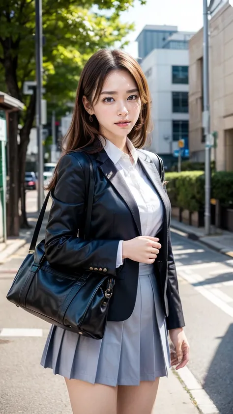 a beautiful 18 year old Japanese high school girl with perfect anatomy, healthy thighs, beautiful legs, beautiful skin, random hair color and style, large breasts, (wearing a Japanese schoolgirl uniform:1.3), (she is standing:1.2), penny loafers, holding a...