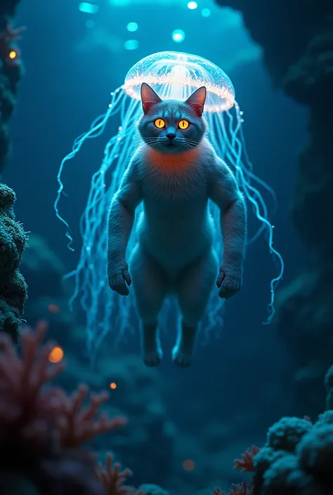 In the same surreal, glowing underwater realm, a hybrid creature with exaggerated, bulging muscles floats majestically among the luminescent coral. This being combines the sleek, agile build of a cat with the ethereal, flowing form of a jellyfish. It has t...