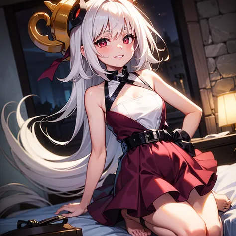 score_9, score_8_ up, score_7_ up,  Source_Anime,
Iron Maiden Jeanne, jeanne,  long hair, very  long hair, White Hair,  red eyes,
 dress,  sleeveless, purple  dress, ribbon,  headgear ,  on my bed, belt, Bare shoulders, foot, bare foot,
Outdoor, smile,  be...