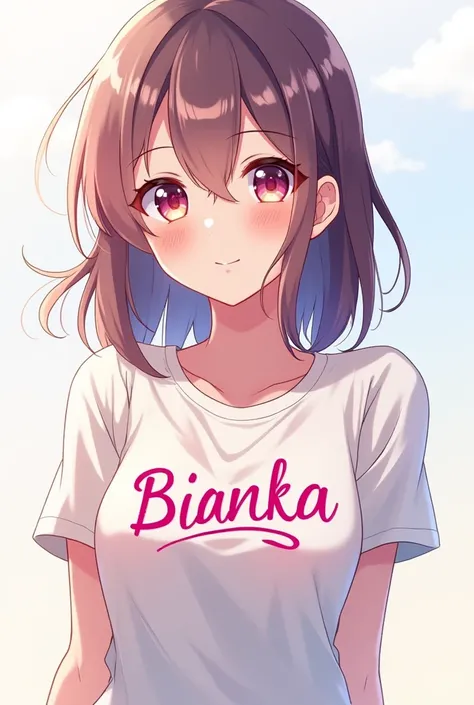 Anime girl wearing t-shirt with bianka lettering