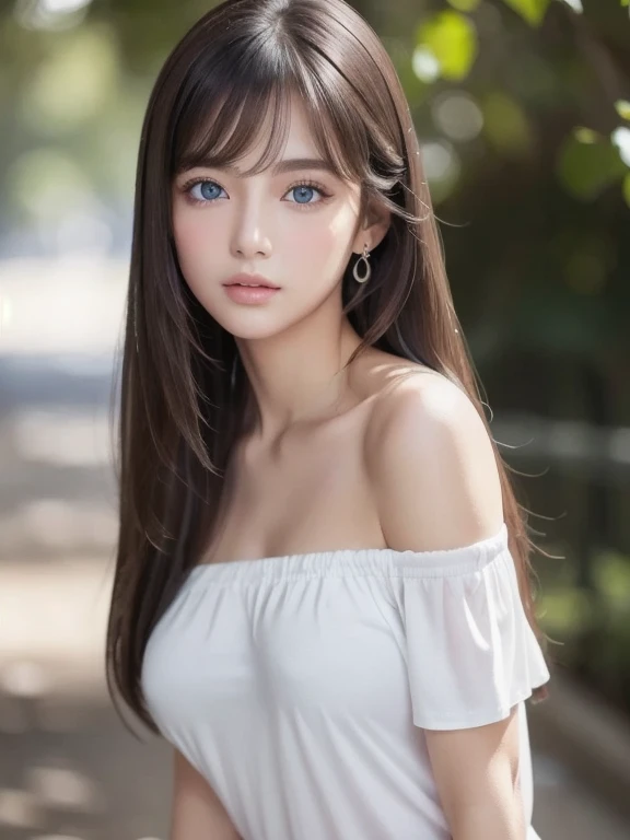 1girl in, ***19, Solo, Super long straight hair, Colossal tits, Looking at Viewer, ((shiny light dark hair))、Messy bangs between beautiful eyes、de pele branca、Beautiful skin、glowy skin、Gloss Face、Teak Gloss、Bare shoulders, jewely, Full body, (Very detailed...