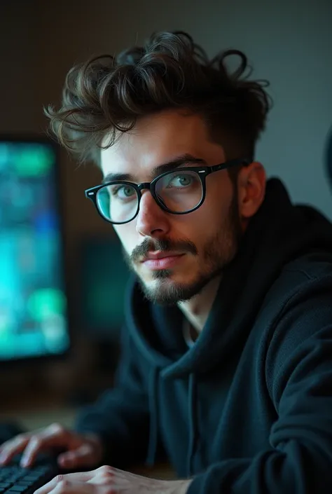  a male engineer without a beard or mustache , With the face like that of an androgynous with hair, THAT HE IS 25 YEARS OLD,   electronic stuff on his desk ,  who belongs to Luciferism and is a fan of astrology