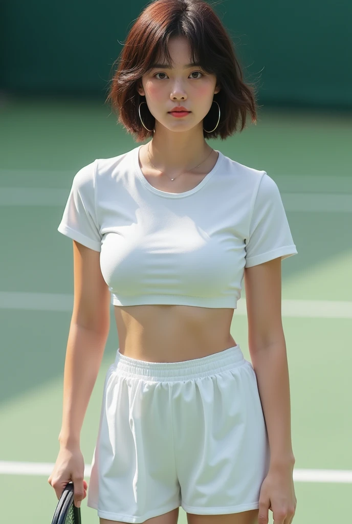 （     photorealistic     ：1.2）、  39     ;      thick legs、 Ultra short hair、 white tennis wear 、20 year old beautiful woman 、 tennis court in white。Beautiful woman with long hair、Super sensual pose、Tennis shoes、 only one side is taking off her shoes   。   ...