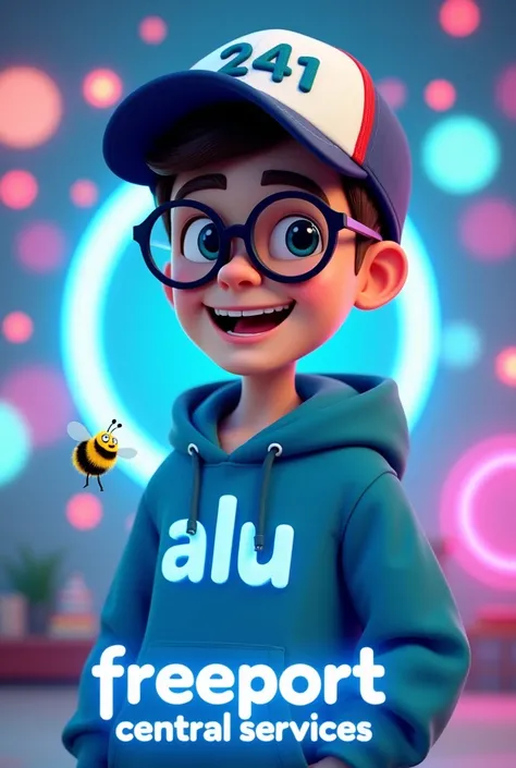 A cheerful and enthusiastic young character in a realistic 3D cartoon style. He is wearing a blue hoodie with teal accents, featuring the text "ALU" in a 3D format on the front of the hoodie, making it stand out with a modern touch. The character is also w...