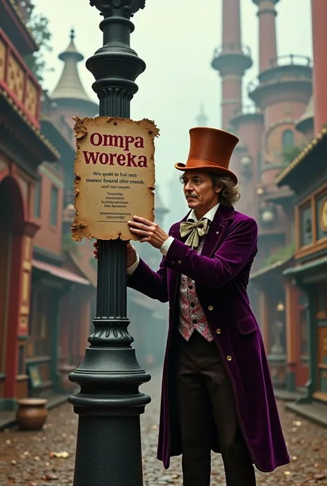 Johnny Depps Willy Wonka putting up a sign of looking for a compa loompa on a pole