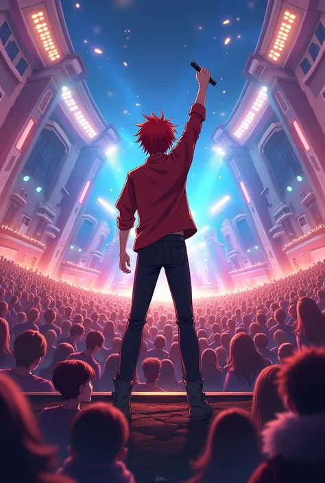 Draw me an anime boy of 18 years old with red hair, a brick-colored shirt and black pants holding a microphone on a stage with hundreds of people in attendance.Showing it from the front